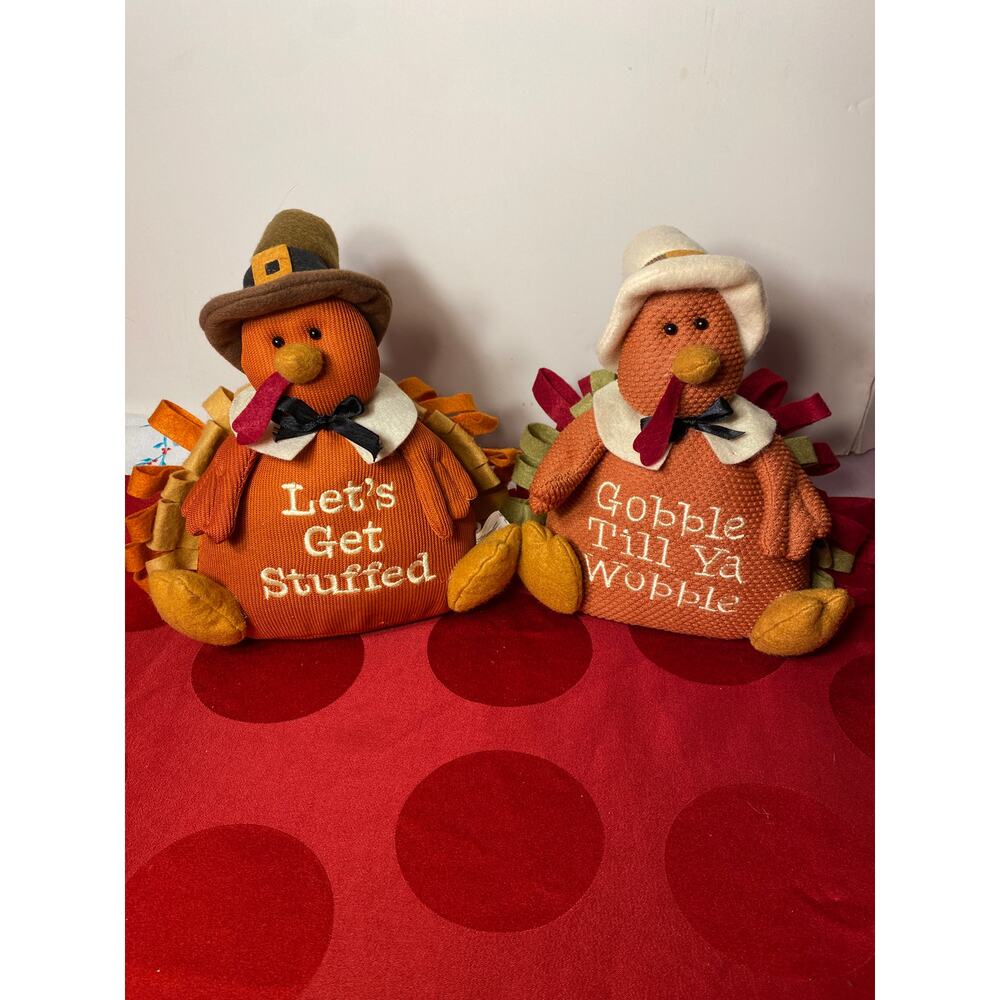 Set of 2 Stuffed Cloth Turkey Decor w sayings on shirts by Prima Creations EUCh
